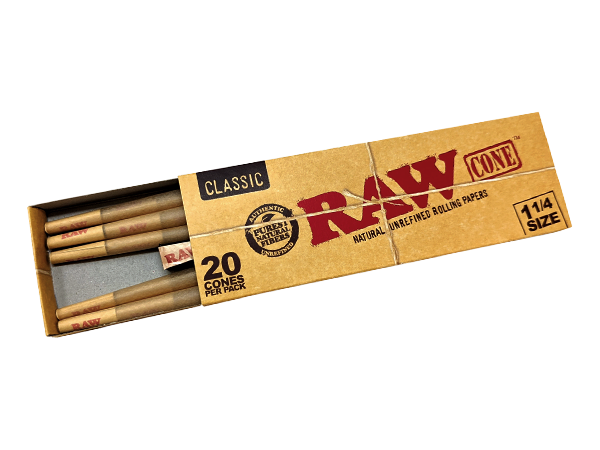 RAW Classic 1¼ Cones 20 pack with a foldable funnel